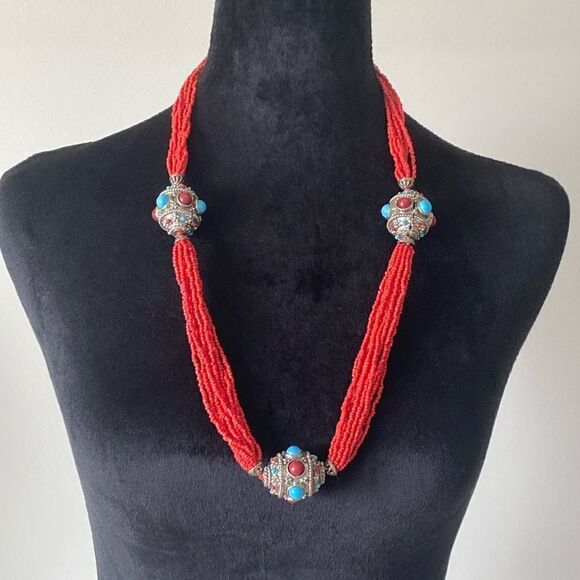 Vintage Tibeten Ornate Multi-Strand Tribal Necklace - Picture 2 of 5